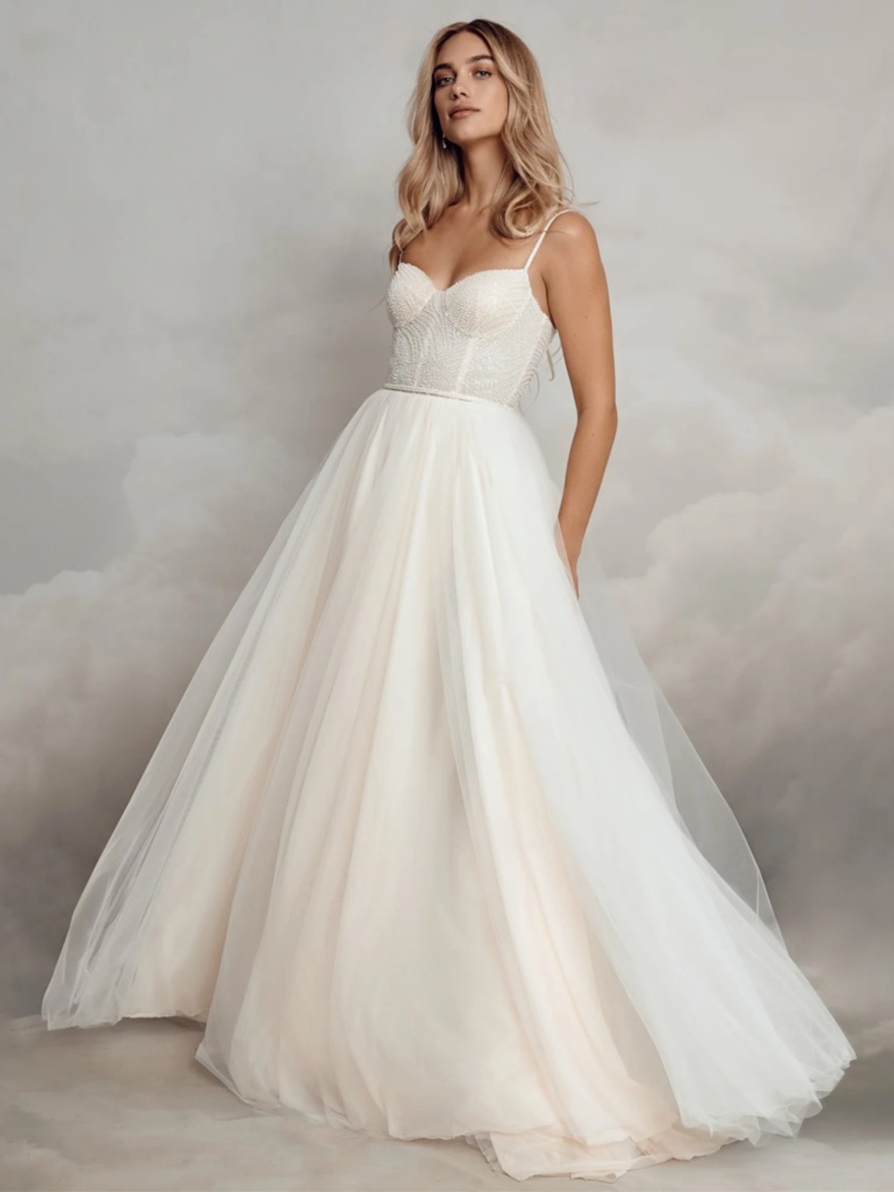 Elegant White Spaghetti-Strap Wedding Gown